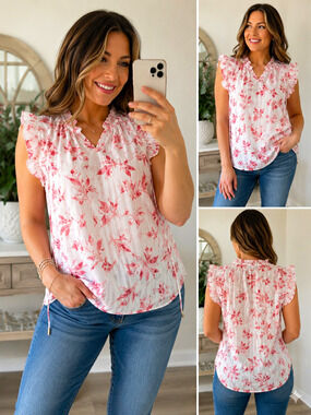 Anne Klein Women’s Small Floral Ruffle Sleeve Blouse White Pink Semi Sheer Top